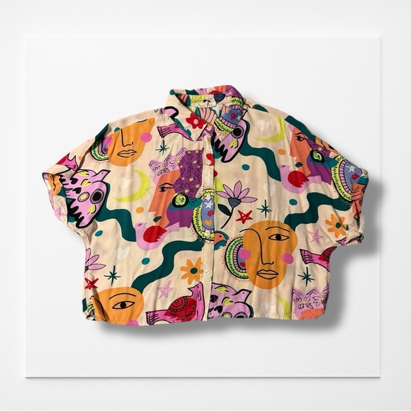SUNBURST KISS Colorful Abstract Print Crop Button Up, Women’s Large - Picture 1 of 3
